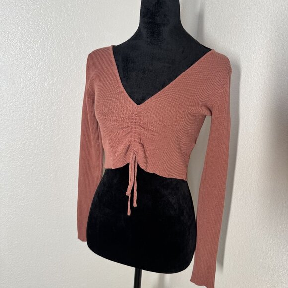 Rust Ribbed Knit Long Sleeve V-Neck Cropped Sweater With Adjustable Ruched Front - Picture 1 of 7